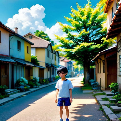 a boy is standing on a skateboard on a street in a residential area of a town with houses