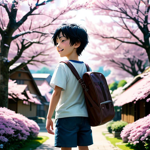 a boy with a backpack walking down a sidewalk in front of a tree filled with pink flowers and a house