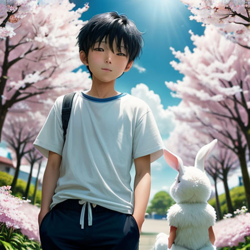 a boy standing next to a bunny in a park with pink flowers and trees in the background, with a sun shining through the clouds