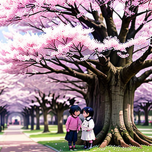 a couple of kids standing next to a tree with pink flowers on it's branches in a park