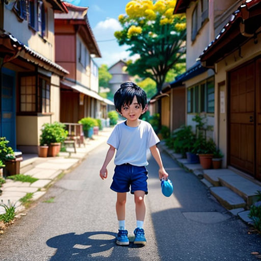 a young boy walking down a street holding a blue ball and a blue cup in his hand, with houses in the background
