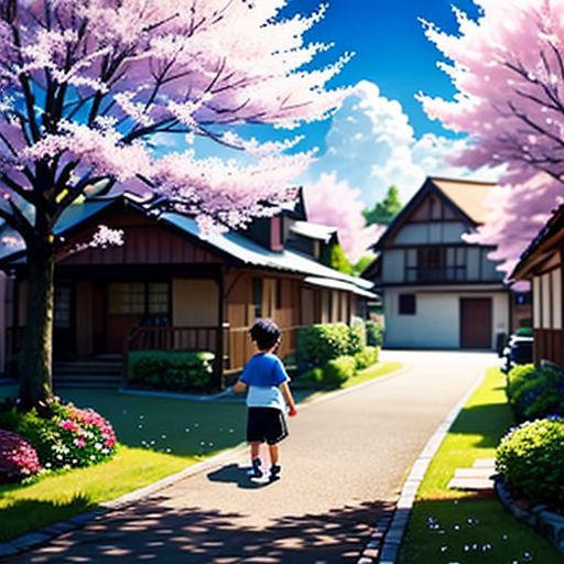a person walking down a street with a pink tree in the background and houses in the background with pink flowers