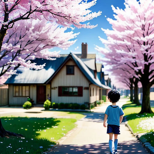 a young boy walking down a sidewalk next to a tree filled with pink flowers and a house in the background