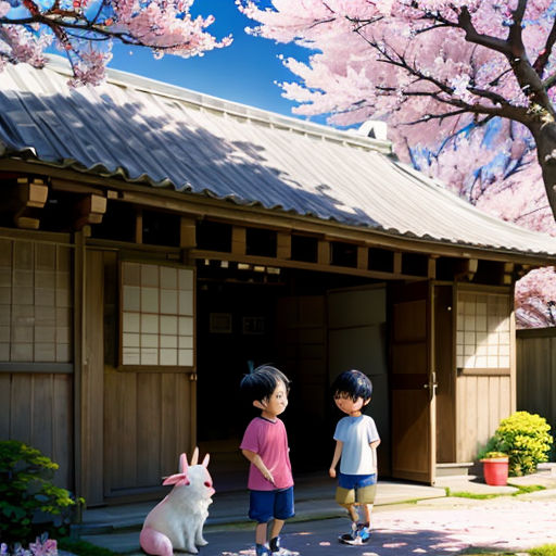 two children standing in front of a building with a bunny and a cat in front of it and a tree with pink flowers