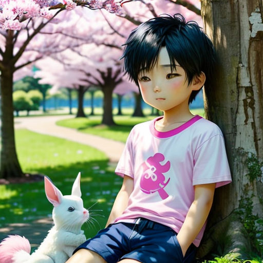 a girl sitting on the ground next to a cat and a tree with pink flowers in the background and a path with pink flowers