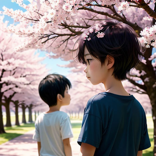 two children standing in front of a tree with pink flowers on it's branches and a man in a white shirt looking at the tree