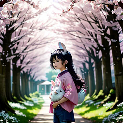 a girl holding a bunny in a park with cherry trees in the background and a path leading to the park