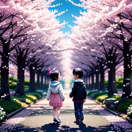 two children walking down a tree lined road in the middle of a park with pink flowers on the trees