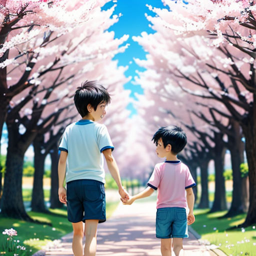 two children holding hands walking down a path with cherry blossom trees in the background and a blue sky with white clouds