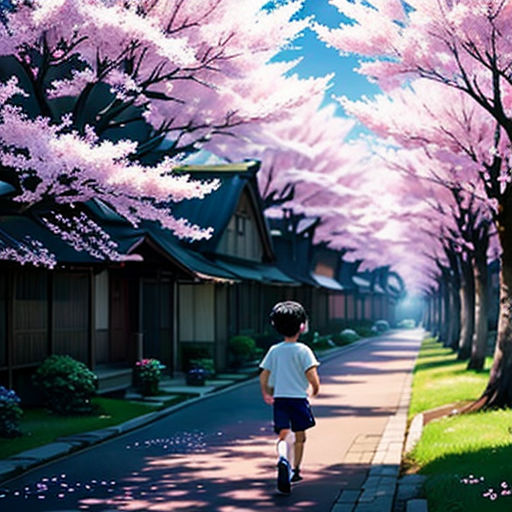 a boy walking down a street with pink flowers on trees in the background and a blue sky in the background