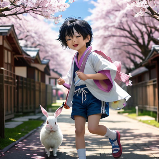 a young girl is walking her bunny on a leash down a sidewalk in front of cherry blossom trees with a pink blossomed tree