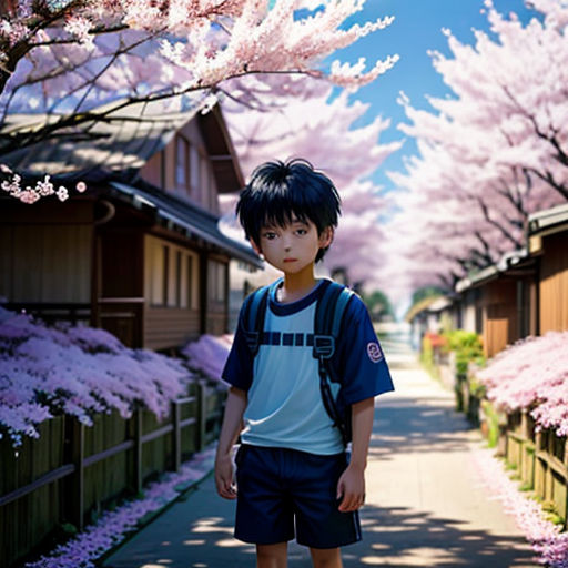 a young boy standing on a sidewalk in front of a tree with pink flowers on it and a blue sky