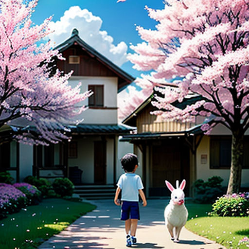 a boy walking down a sidewalk with a bunny in front of him and a house in the background with pink flowers