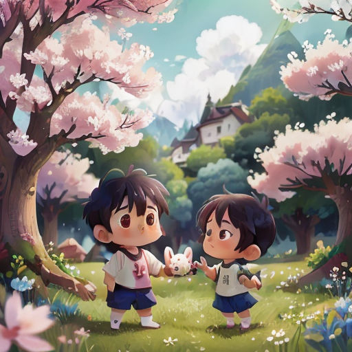 two children are walking through a field with flowers and trees in the background, one of them is holding a rabbit