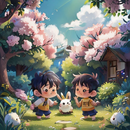 two children standing in the grass with a bunny in front of them and a house in the background with cherry blossoms
