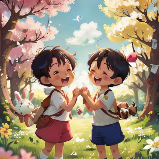 two young girls standing in a forest with a bunny and a cat in their hands, one of them is holding the other's hand