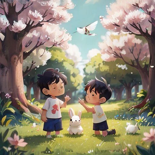 two children are standing in the grass with a bunny and a bird flying overhead in the background of a park