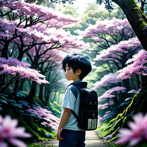 a boy with a backpack standing in a forest of pink flowers and trees with pink flowers on the ground