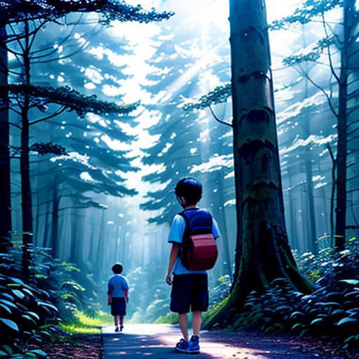 a man and a child walking down a path in the woods with a backpack on their back and a backpack on their shoulder