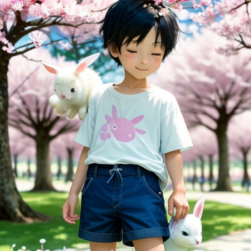 a girl holding a stuffed animal in a park with cherry blossoms on the trees and grass in the background