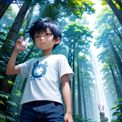 a boy in a forest with a bunny in his hand and a rabbit in the foreground, with a forest background