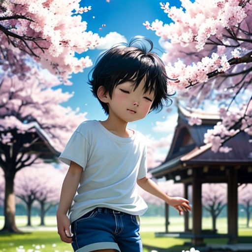 a young girl standing in front of a tree with pink flowers on it's branches and a gazebo in the background