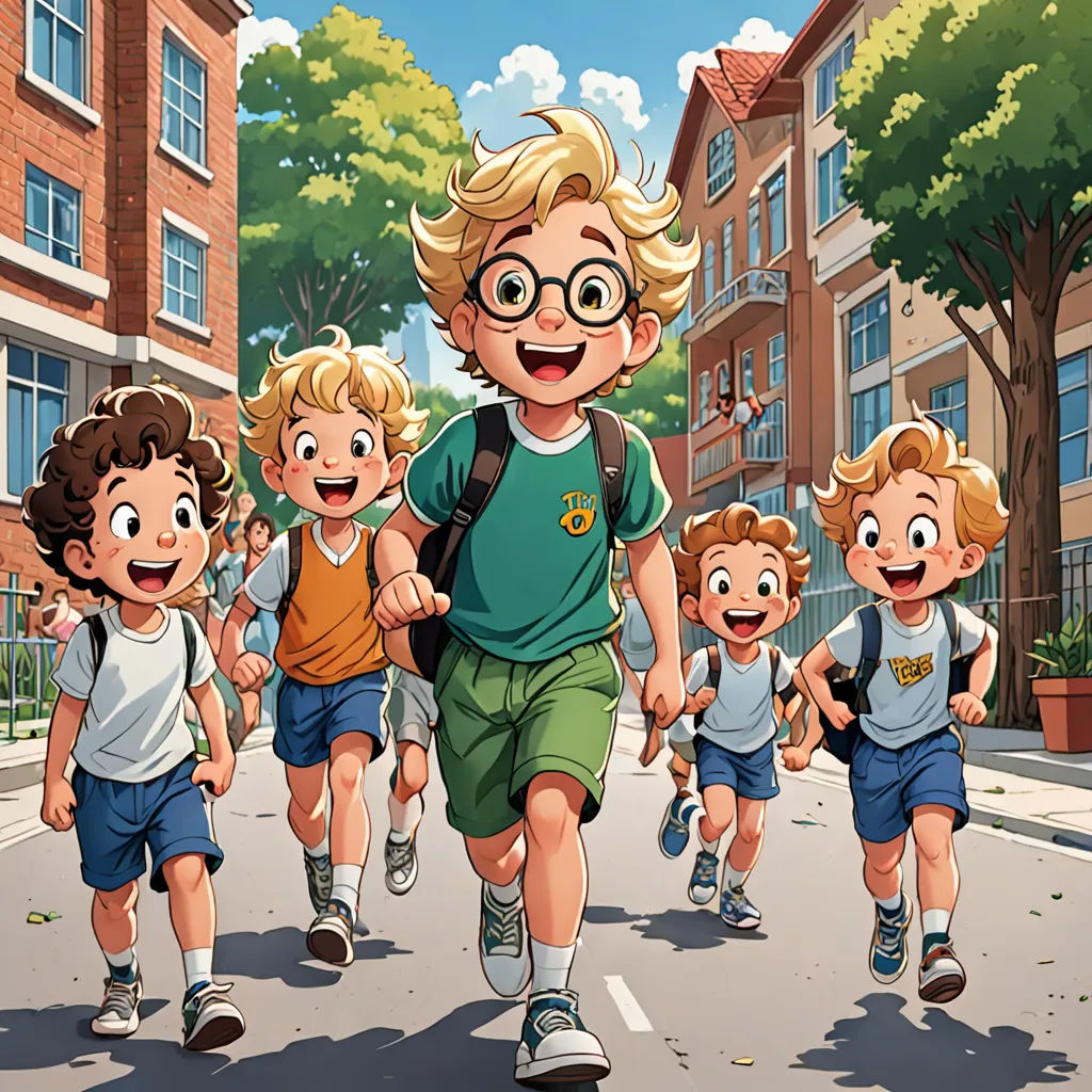 a group of children running down a street in front of a building with a man on the side of the road, danube school, a comic book panel, Brothers Hildebrandt, official art