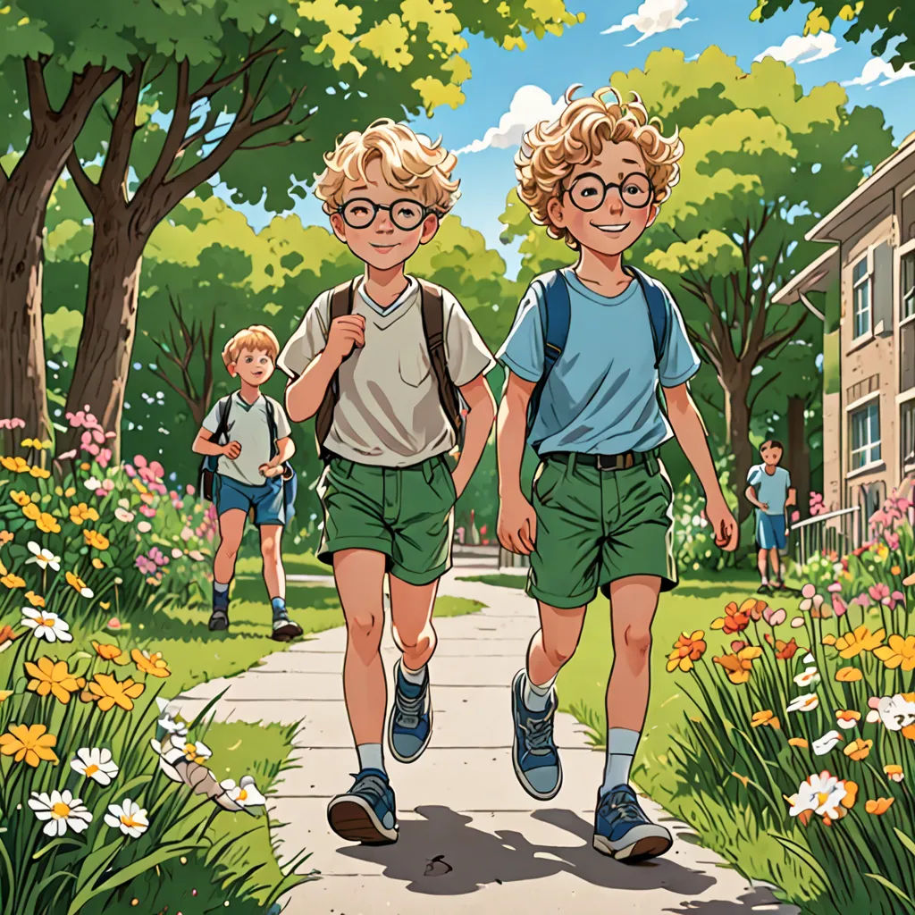 two boys walking down a sidewalk in a park with flowers and trees around them, with a building in the background, vancouver school, a comic book panel, Brothers Hildebrandt, official art