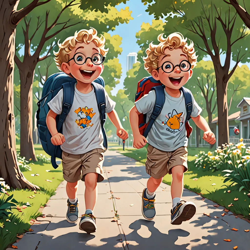 two young boys wearing glasses and backpacks running down a sidewalk in the park together, with trees and buildings in the background, american scene painting, a storybook illustration, Brothers Hildebrandt, official art