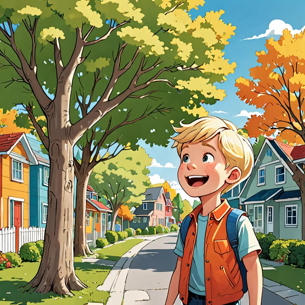 a boy walking down a street with a backpack on his back and a tree in the background with leaves on it, american scene painting, a storybook illustration, Chris LaBrooy, storybook illustration