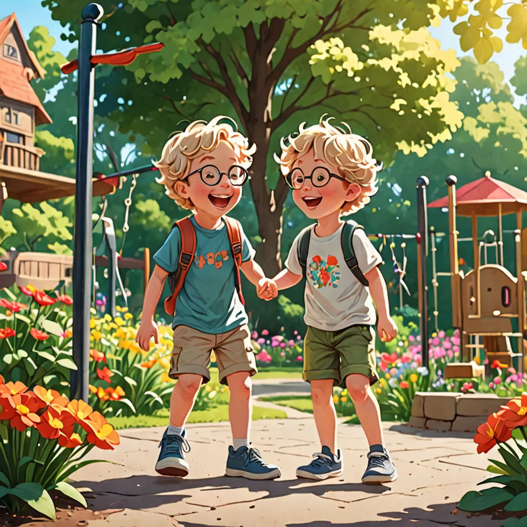 two children holding hands in a park with flowers and a playground in the background, with a playground in the background, american scene painting, a storybook illustration, Brothers Hildebrandt, rossdraws global illumination