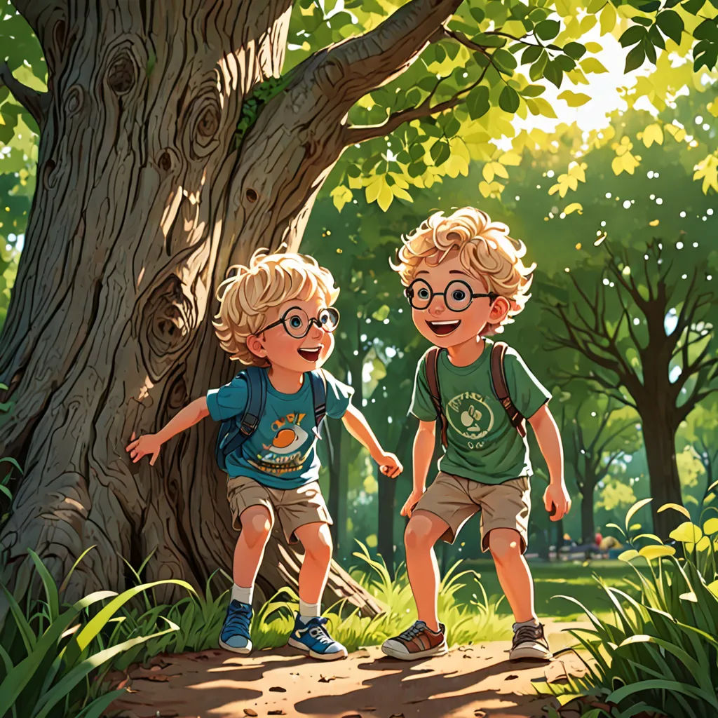two children are standing in the woods by a tree and a bench with a backpack on it, and one boy is holding a book, american scene painting, a storybook illustration, Brothers Hildebrandt, official art