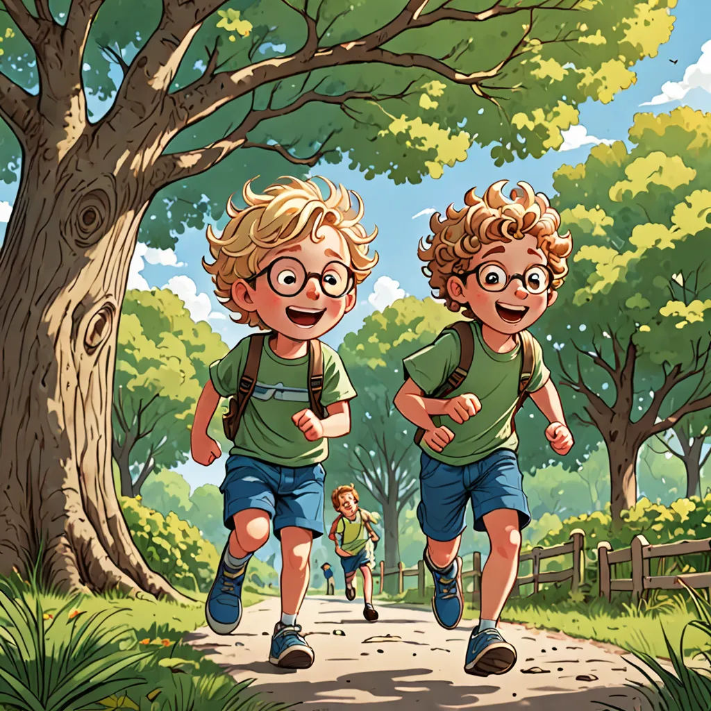 two boys running down a path in the woods with trees and a fence in the background, with a dog in the foreground, process art, a storybook illustration, Brothers Hildebrandt, storybook illustration