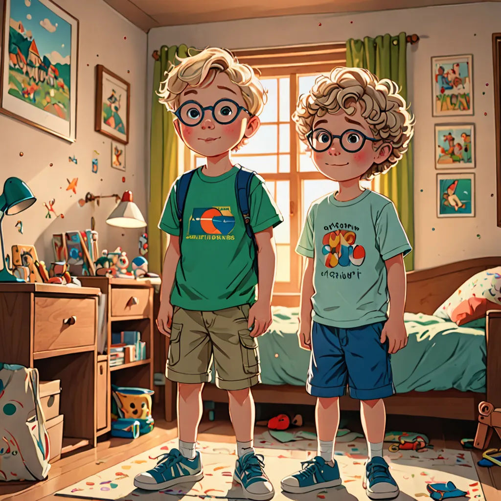 two children standing in a bedroom with a bed and a desk with a computer on it and a window, photorealism, a storybook illustration, Brothers Hildebrandt, highly detailed digital painting