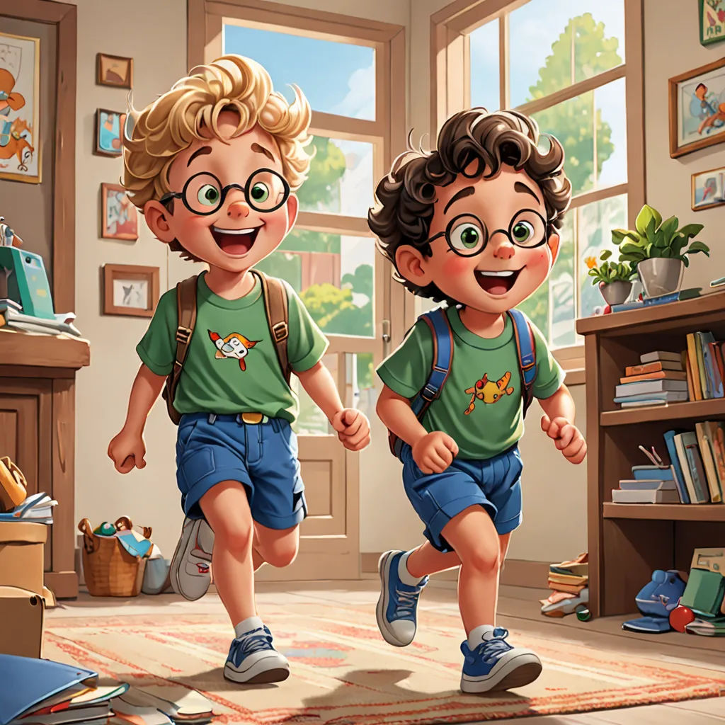 two children running in a room with a rug and bookshelf in the background and a bookcase with books, sots art, a storybook illustration, Brothers Hildebrandt, official art