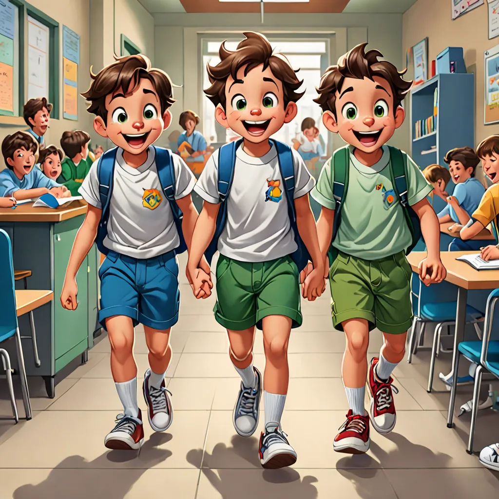 two boys walking in a classroom with a teacher in the background holding hands with a student in the foreground, danube school, a storybook illustration, Brothers Hildebrandt, official art