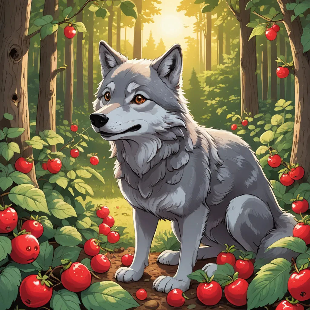 a wolf sitting in the middle of a forest with apples on the ground and trees in the background with red berries, sots art, a storybook illustration, Caspar Wolf, official art