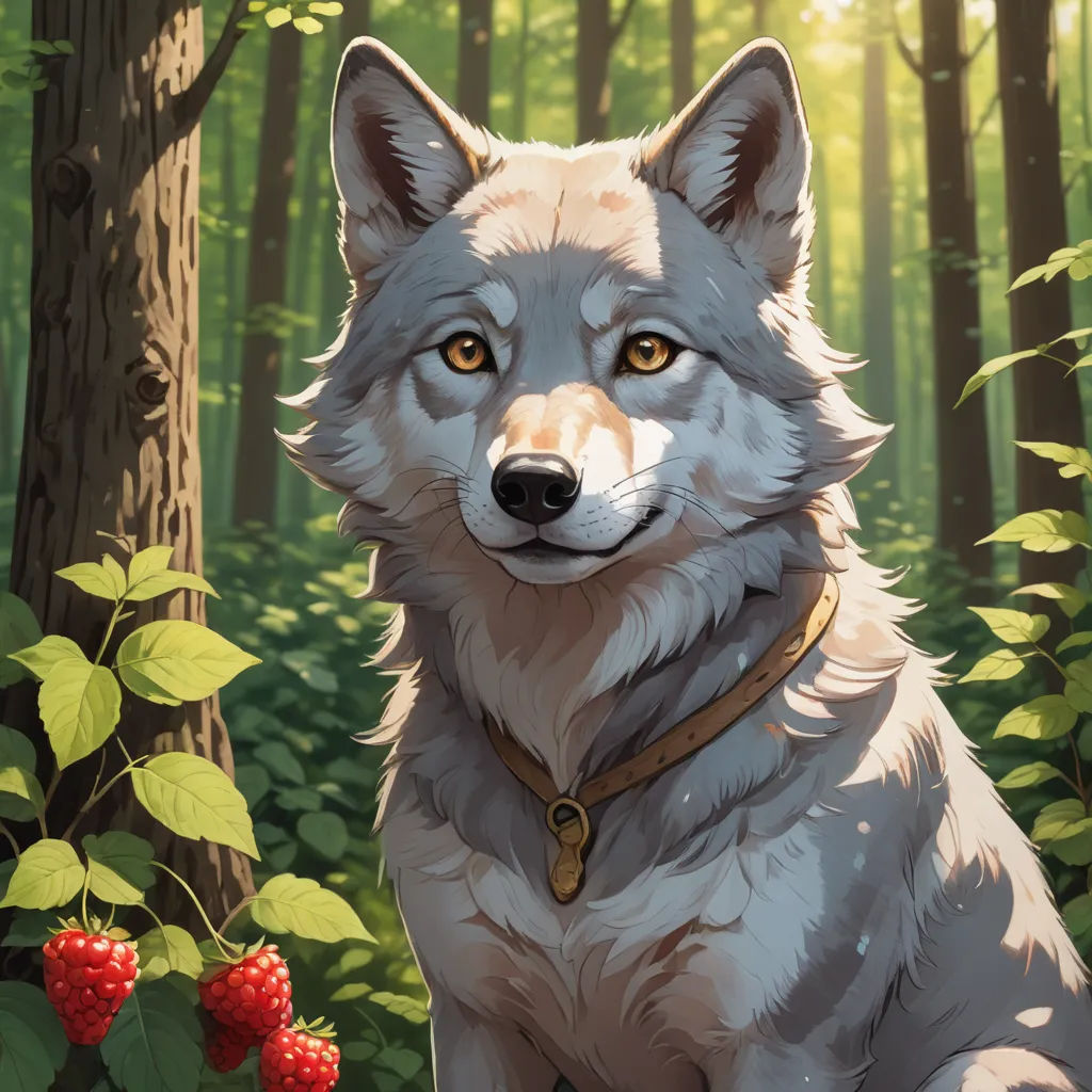a wolf sitting in the woods with a berry in his mouth and a forest background with trees and berries, furry art, a character portrait, Caspar Wolf, trending on art station