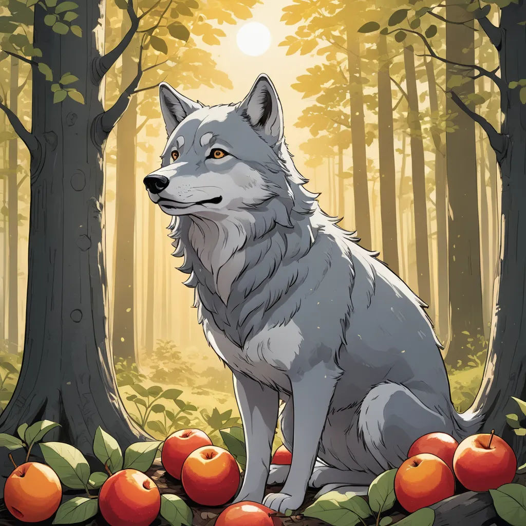 a wolf sitting in the middle of a forest with apples on the ground and trees in the background,, fantasy art, a character portrait, Brom, official art