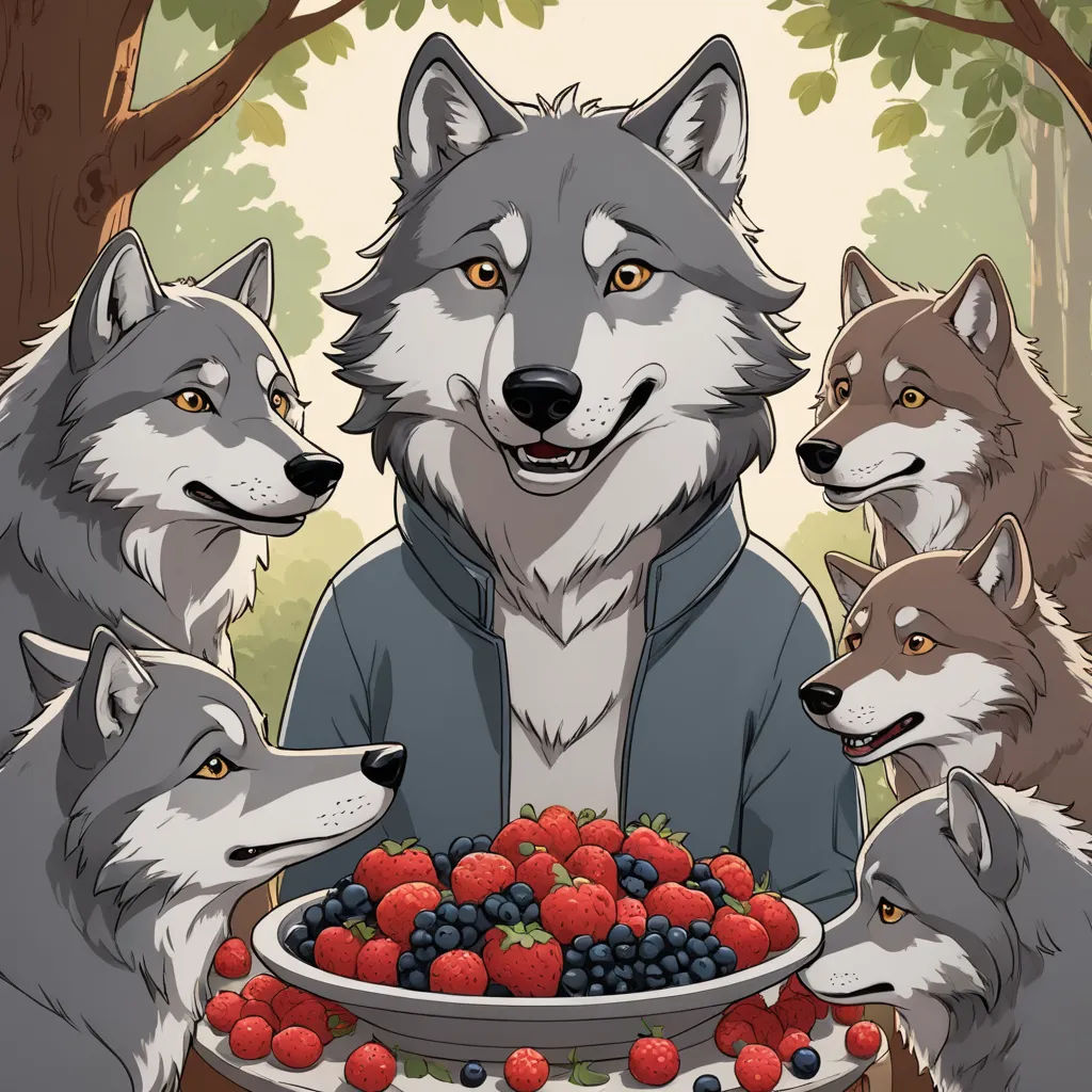 a man surrounded by four wolfs and a berry bowl with berries on it, with a forest background, furry art, a storybook illustration, Aaron Jasinski, furaffinity