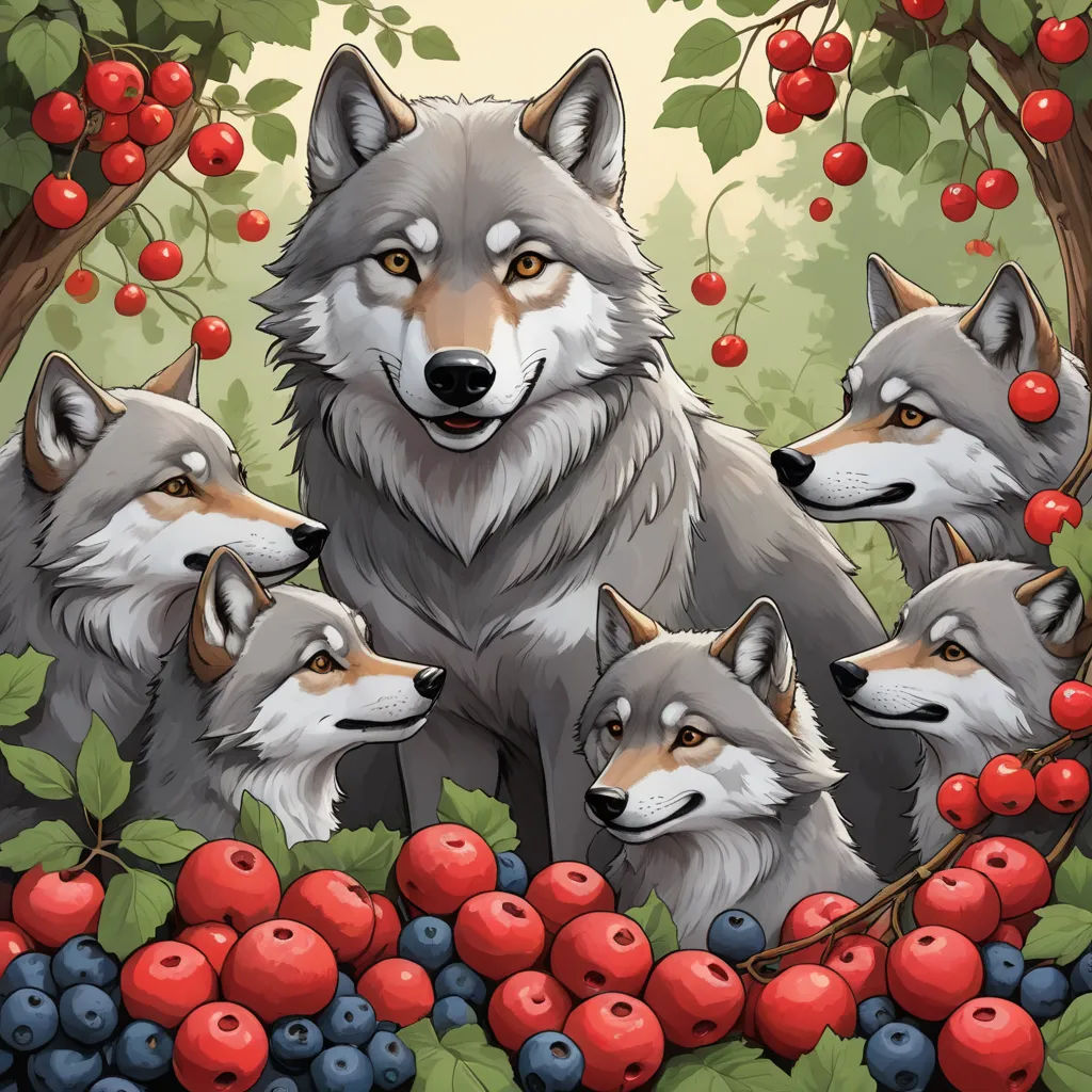 a group of wolfs standing in a forest with berries and berries on the ground and berries on the ground, furry art, an album cover, Caspar Wolf, furaffinity