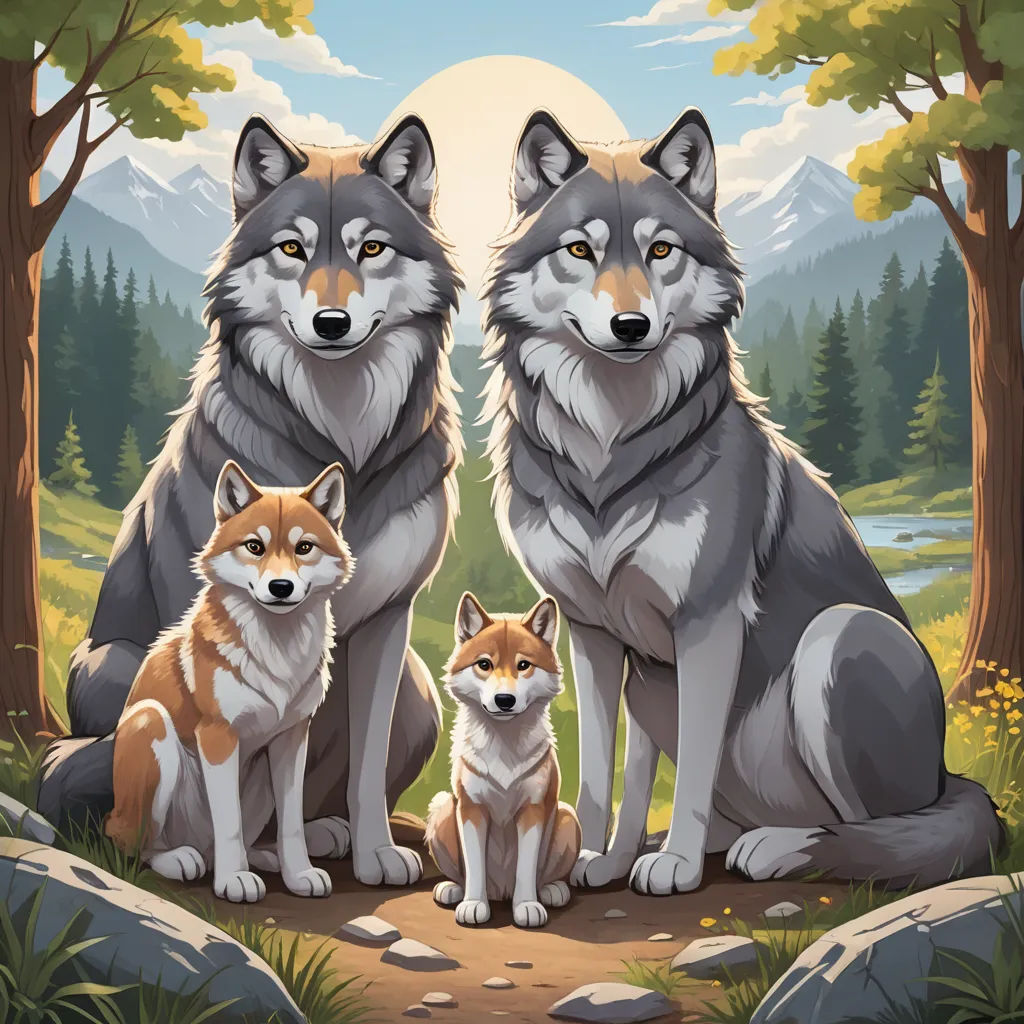 two wolfs sitting on a rock in the woods with a full moon in the background and a forest scene with rocks and trees, furry art, an album cover, Cyril Rolando, official art
