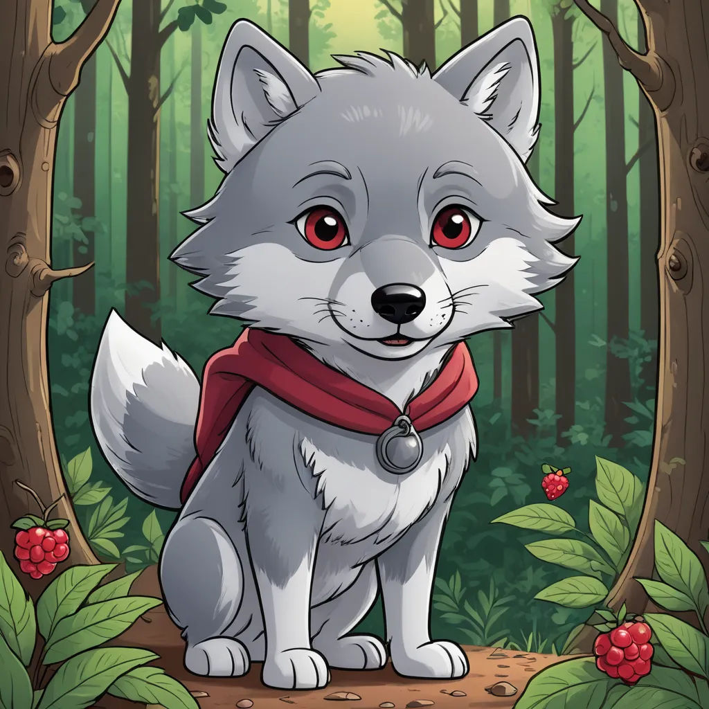 a cartoon wolf with a red scarf sitting in the woods with berries on the ground and a forest background, sots art, a character portrait, Caspar Wolf, character portrait