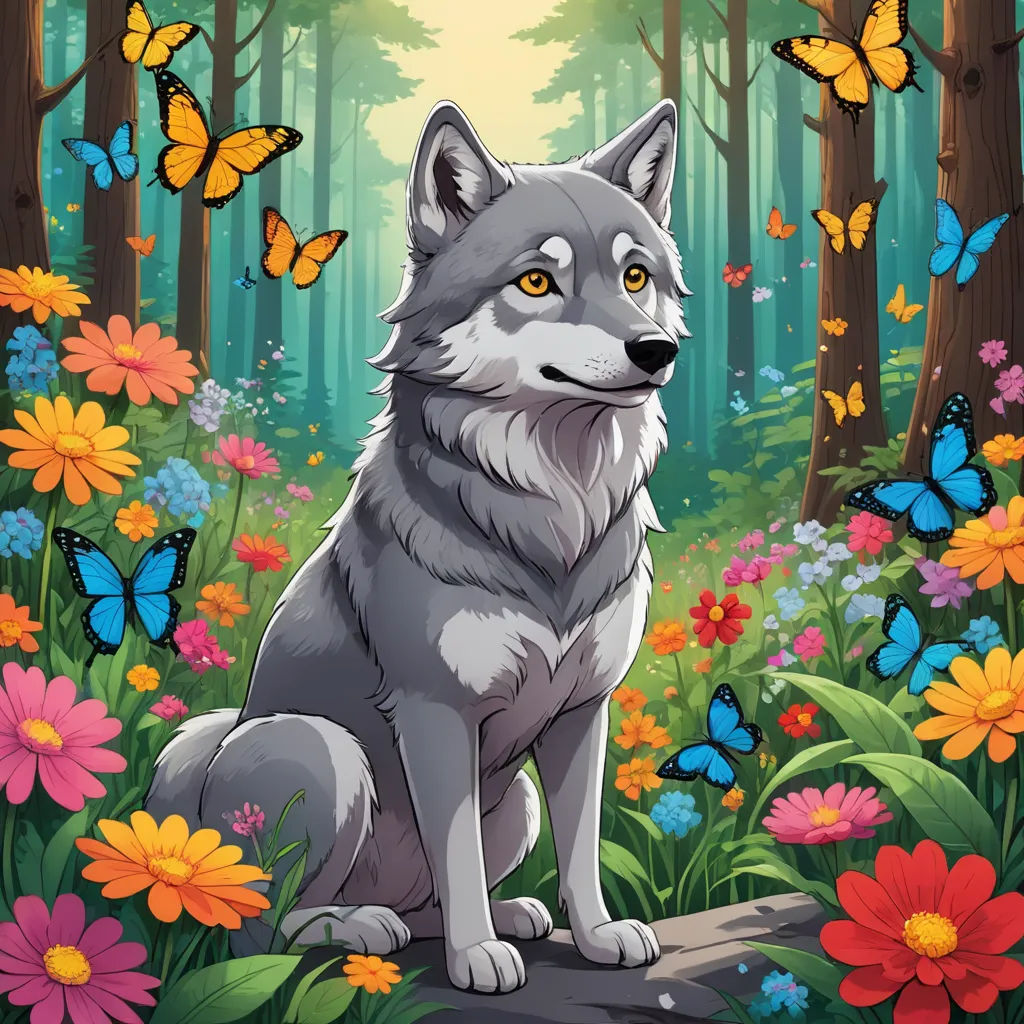 a wolf sitting in the middle of a forest with butterflies flying around it and a butterfly on the ground, sots art, a character portrait, Anne Stokes, official art