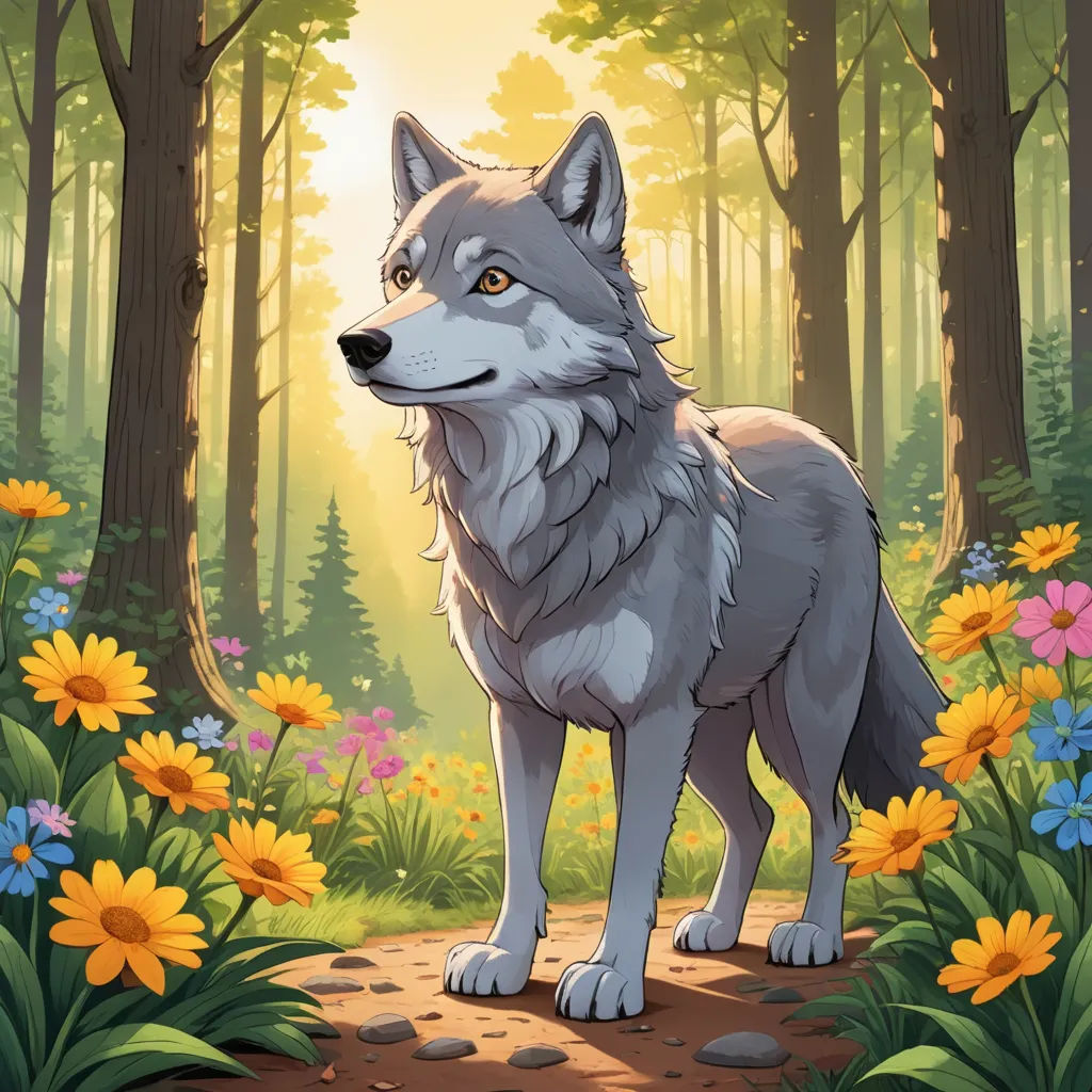 a wolf standing in the middle of a forest with flowers and trees around it and a sunbeam in the background, sots art, a character portrait, Caspar Wolf, official art