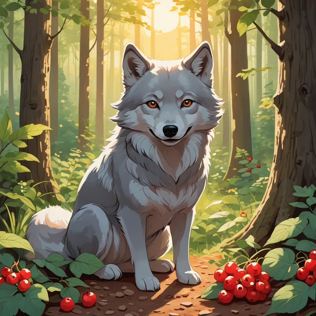 a wolf sitting in the middle of a forest with berries on the ground and trees in the background,, furry art, a character portrait, Chris LaBrooy, official art