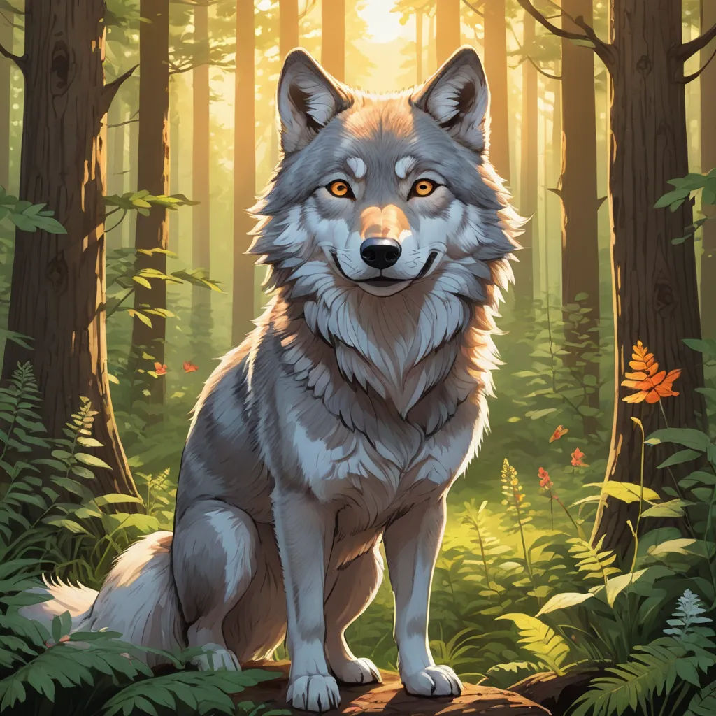 a wolf sitting in the middle of a forest with trees and leaves around it's edges and a bright yellow light shining through the trees, furry art, a painting, Chris LaBrooy, official art