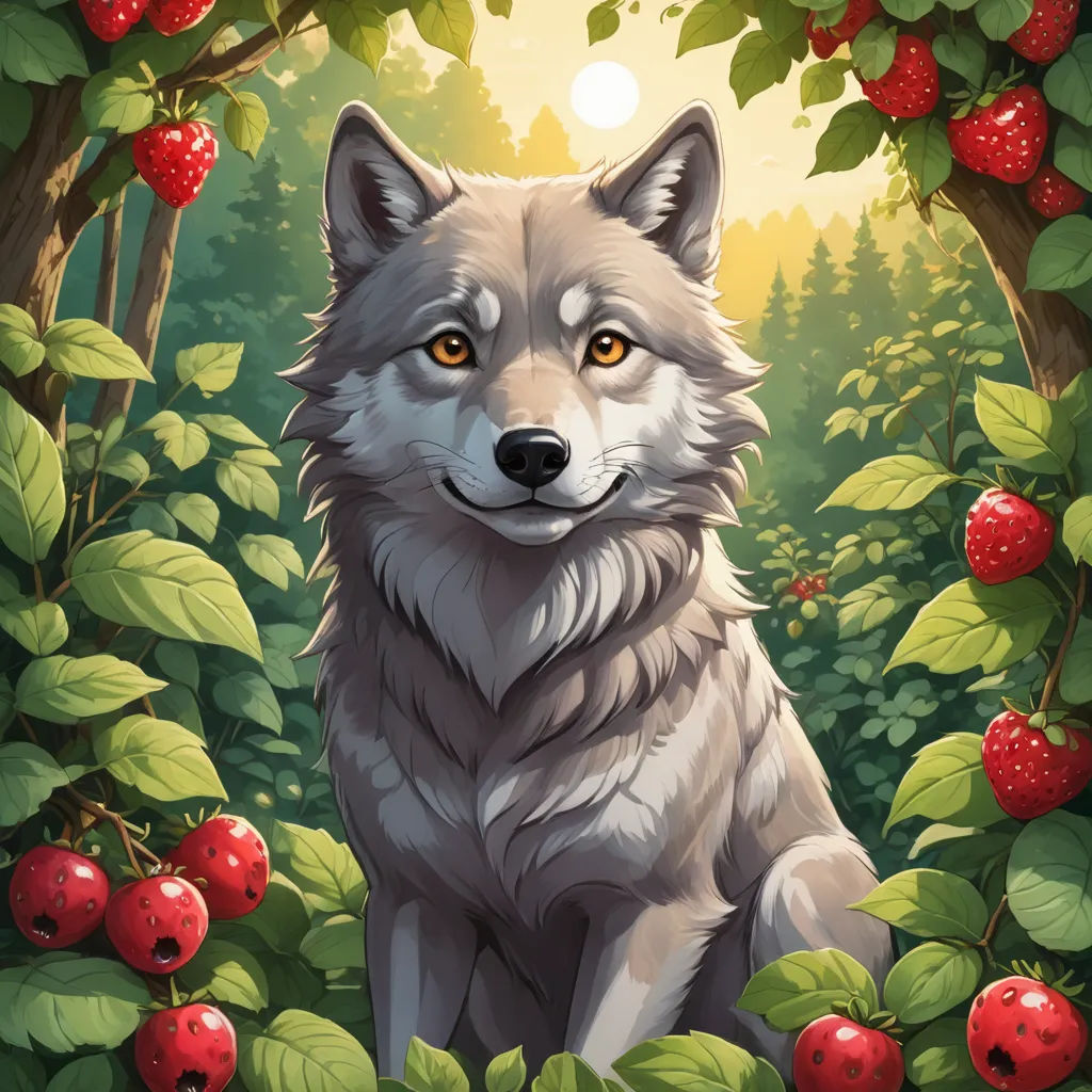 a wolf sitting in a forest with berries around him and a sun shining through the trees behind him,, fantasy art, a character portrait, Chris LaBrooy, berries