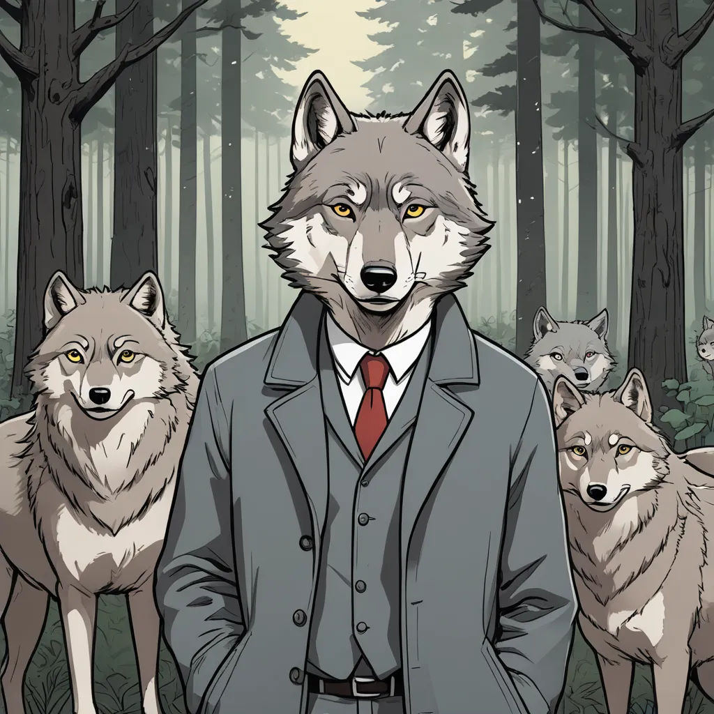 a man in a suit and tie standing in front of a group of wolfs in a forest with trees, furry art, a character portrait, Caspar Wolf, furaffinity
