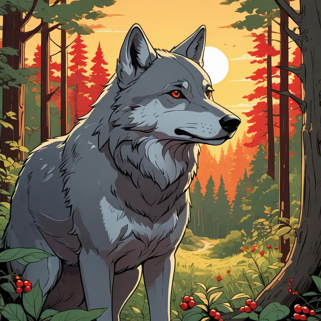 a wolf standing in a forest with a full moon in the background and trees and berries around it,, furry art, a character portrait, Dan Mumford, comic cover art
